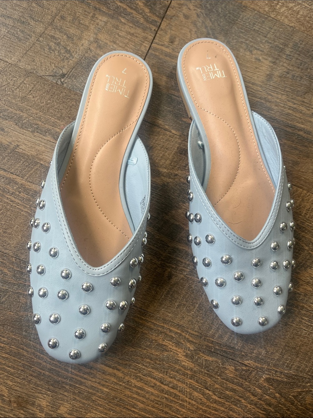 Time and Tru Powder Blue Studded Slip-On Mules